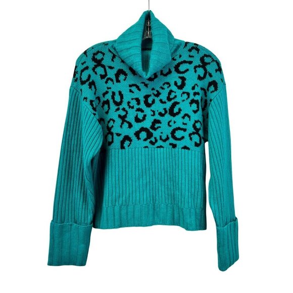 Nine West Women’s Cheetah Print Tight Knit Turtleneck Sweater Teal/Black Size XS - Picture 1 of 9